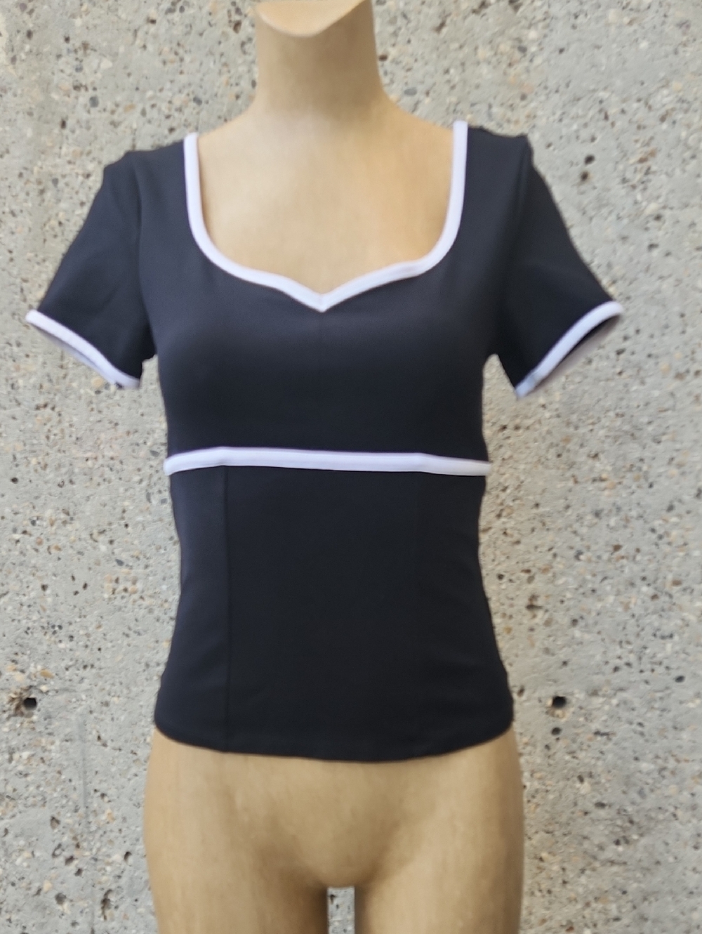 Black Top with White Trim Short Sleeve Scoop Neck